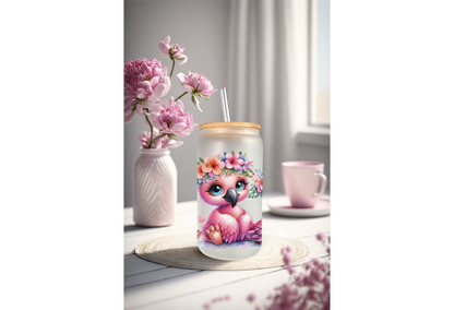 Floral Pink Flamingo UVDTF Wrap For 16oz Can Glass Tumbler, Ready to apply, Permanent Waterproof Adhesive
