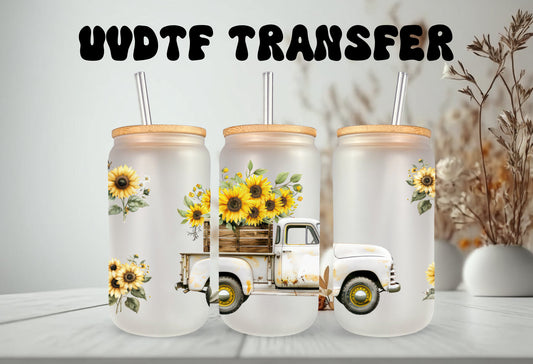 UVDTF Wrap Sunflower Vintage Truck Fall 16 oz Can Glass, Mug, Tumbler, Double Sided Print Option, Ready to Apply, Permanent Adhesive