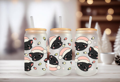 UVDTF Wrap Santa Cat Hat 16oz Can Glass Mug Tumbler, Cat Wrap, Ready to Apply, Waterproof Permanent Adhesive