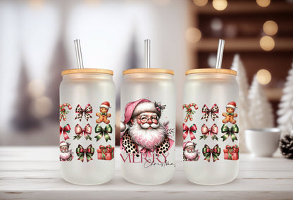 UVDTF Wrap Santa Merry Christmas Coquettes Bows 16oz Can Glass, Mug, Tumbler, Ready to Apply, Permanent Waterproof Adhesive