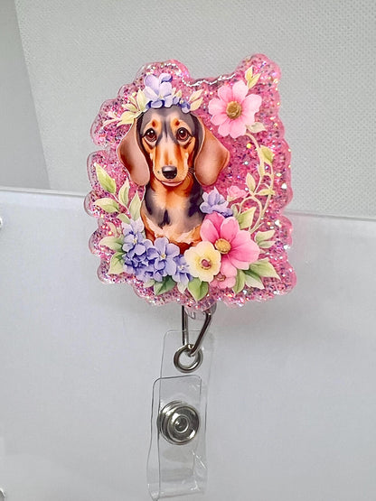 Floral Dachshund Badge Reel – Glitter Pink Design with Weiner Dog and Flowers, Retractable ID Holder for Pet Lovers