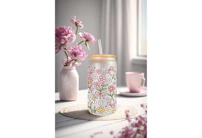 UVDTF Wrap Spring Daisy Bow 16oz Can Glass Mug Tumbler, Spring Flower Wrap, Ready to apply, Permanent Waterproof Adhesive