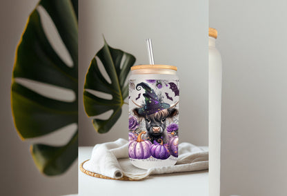 UVDTF Wrap Witch Highland Cow Purple pumpkins 16oz Can Glass, Mug,  40oz Tumbler, Double Sided Print Option, Ready to apply