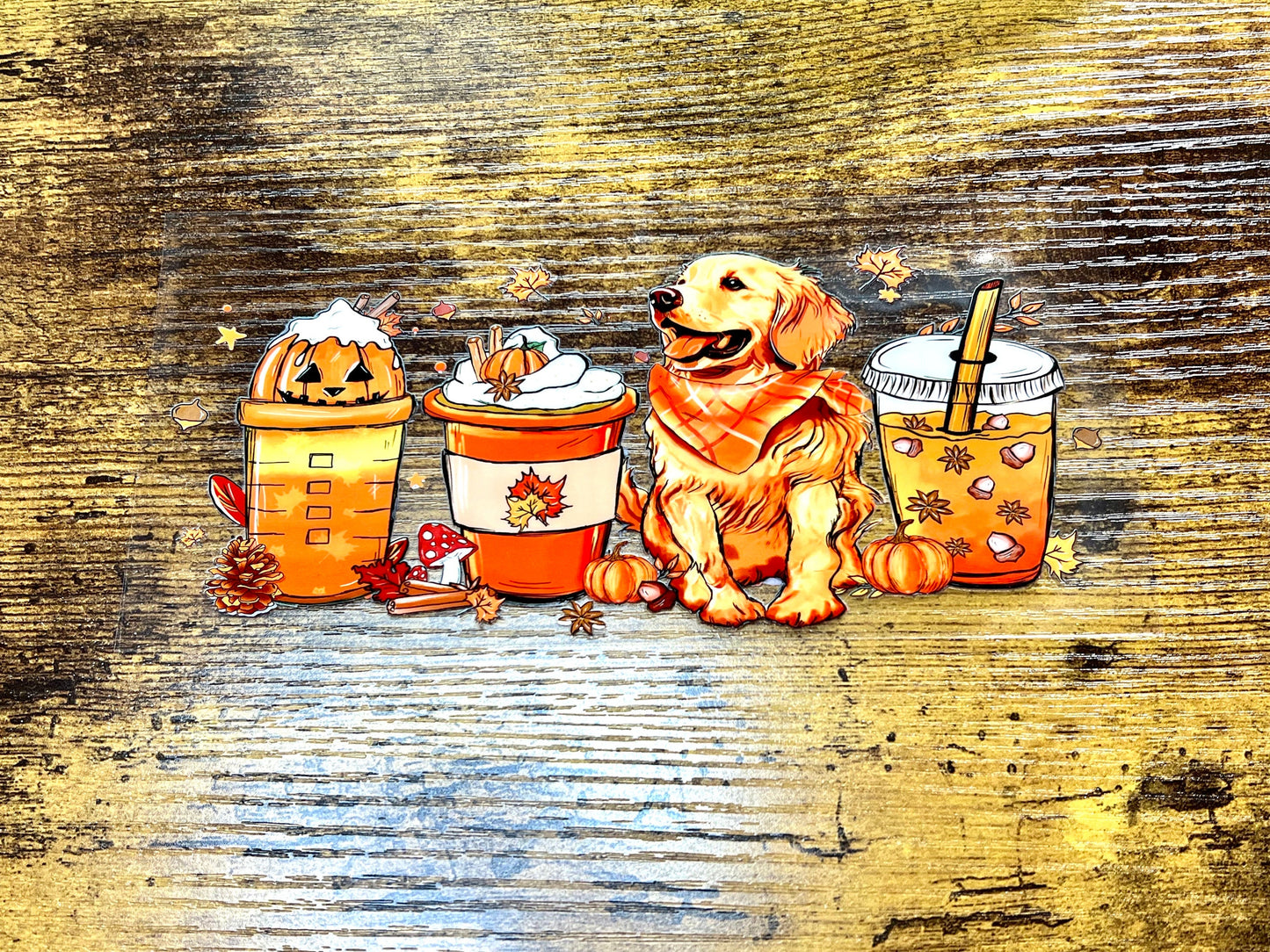 UVDTF Wrap Pumpkin Iced Coffee with Golden Retriever