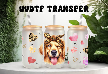 UVDTF Wrap Cute Golden Retriever Leopard Bandana for 16oz can glass Mug Tumbler, Ready to apply, Permanent Waterproof Adhesive, Double Sided option