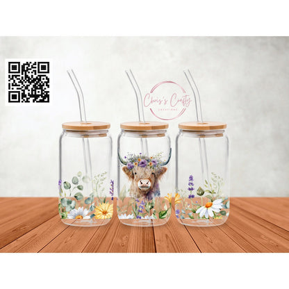 UVDTF Highland Cow Wild Flowers Daisies 16oz Can Glass Mug Tumbler, Cow Floral Wrap, Ready to Apply, Permanent Waterproof Adhesive