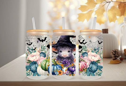 UVDTF Wrap Cow Witch Blue Floral Pumpkin 16oz Can Glass, Mug, Tumbler, Ready to Apply, Permanent Waterproof Adhesive