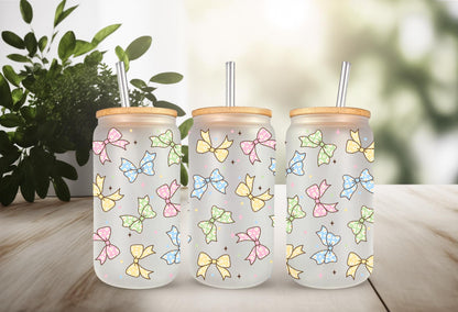 UVDTF Wrap Pastel Coquette Bow 16oz Can Glass Mug Tumbler, Ready to apply, Permanent Waterproof Adhesive