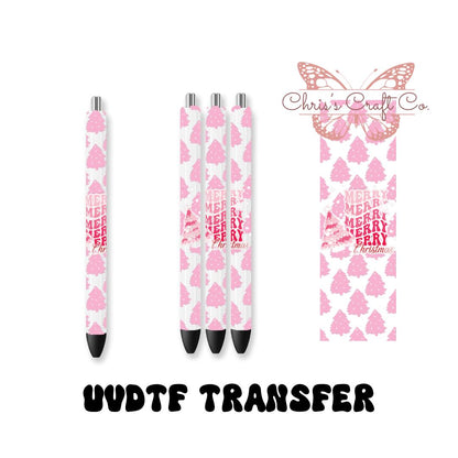UVDTF Pen Wrap Merry Christmas Pink Trees, Ready to Apply, Permanent Waterproof Adhesive