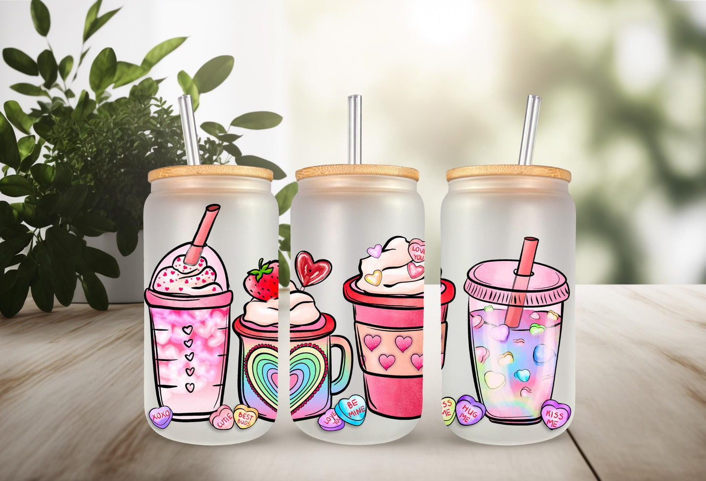UVDTF Wrap Pink Valentines Iced Coffee Latte 16oz Can Glass Mug Tumbler, Ready to Apply, Permanent Waterproof Adhesive, Double Sided Options