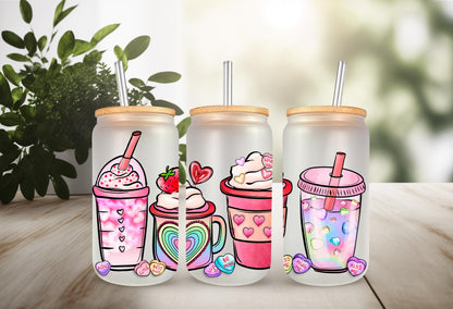 UVDTF Wrap Pink Valentines Iced Coffee Latte 16oz Can Glass Mug Tumbler, Ready to Apply, Permanent Waterproof Adhesive, Double Sided Options
