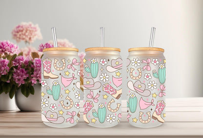 UVDTF Wrap Pastel Bow Cowgirl for 16oz Can Glass Mug Tumbler, Daisy Wrap, Ready to Apply, Permanent Waterproof Adhesive