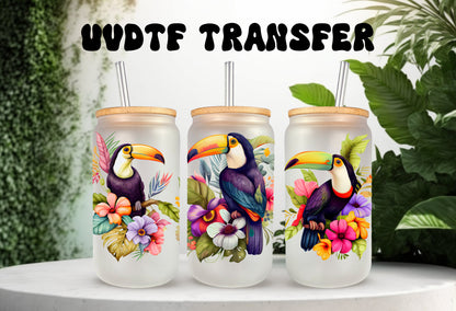 UVDTF Wrap Bird Pelican Tropical Floral 16oz Can Glass  Mug Tumbler, Ready to apply, Permanent Adhesive Waterproof, Add on a Cup
