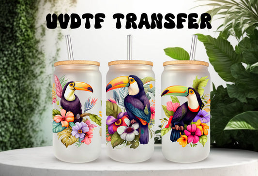 UVDTF Wrap Bird Pelican Tropical Floral 16oz Can Glass  Mug Tumbler, Ready to apply, Permanent Adhesive Waterproof, Add on a Cup