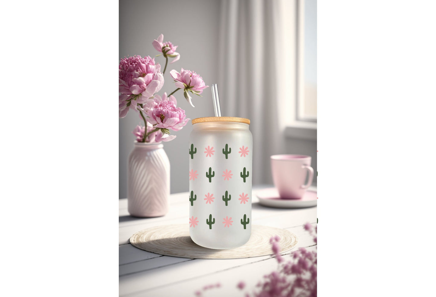 Cactus Wrap Decal - 16oz Glass Can Adhesive Cup Wrap, Waterproof & Permanent