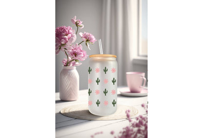 Cactus Wrap Decal - 16oz Glass Can Adhesive Cup Wrap, Waterproof & Permanent