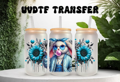 UVDTF Wrap Floral Bunny Bubble Gum 16oz Can Glass Mug Tumbler, Ready to Apply, Permanent Waterproof Adhesive