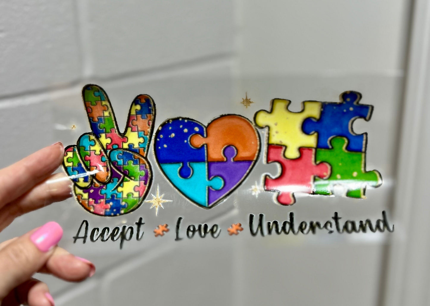 UVDTF Wrap Autism Awareness Peace Love Understand 16oz Can Glass Mug Tumbler, Autism Wrap, Ready to apply, Permanent Waterproof Adhesive