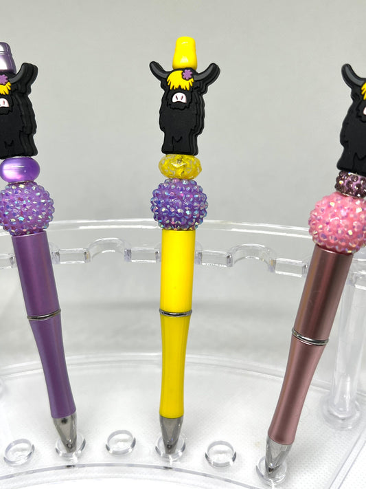 Highland Cow Black Beaded Pen, Fun Pens Acrylic  Beads, Beaded Pen, Retractable Ink Pen, Gifts