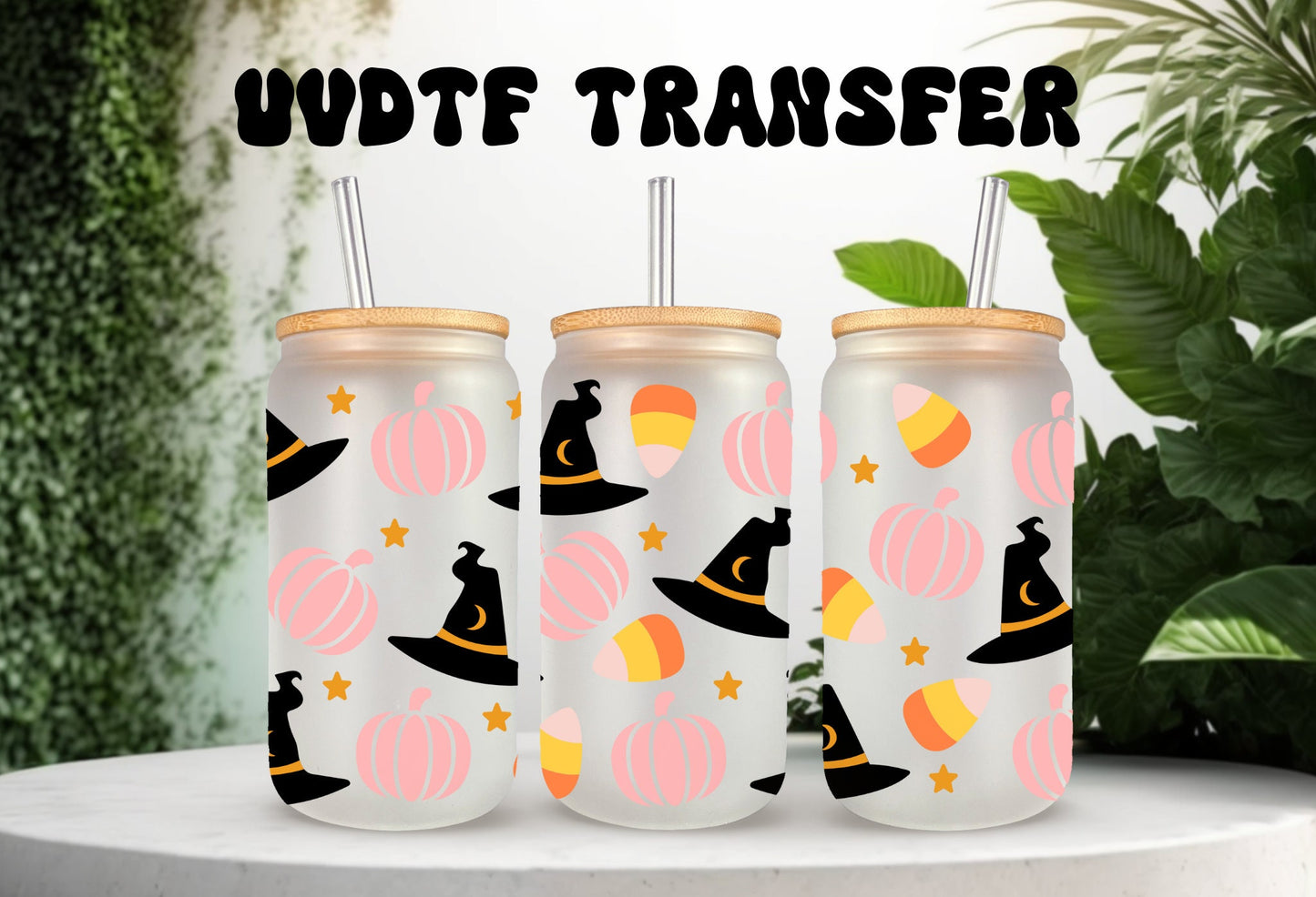 UVDTF Wrap Witches Hat Pumpkin Candy Corn Halloween 16oz Can Glass, Mug, Tumbler, Ready to apply, Permanent Waterproof Adhesive