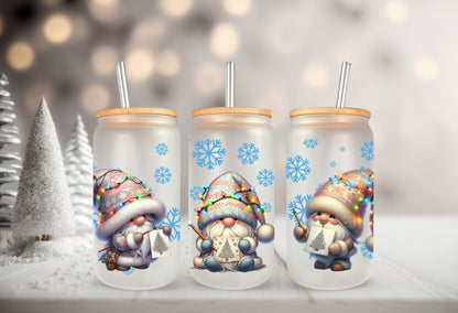 UVDTF Wrap Christmas Lights Gnomes Snowflakes 16 oz Can Glass Mug Tumbler, Gnome Wrap, Ready to apply, Permanent Waterproof Adhesive