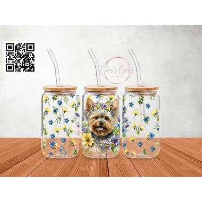 UVDTF Wrap Yorkie Mom Floral 16oz Can Glass Mug Tumbler, Dog Wrap, Ready to apply,  Permanent Waterproof Adhesive