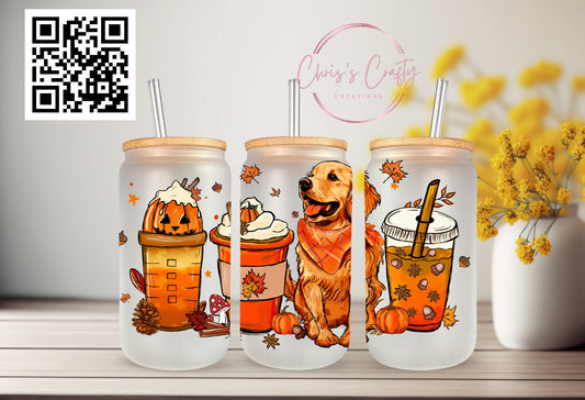 UVDTF Wrap Pumpkin Iced Coffee with Golden Retriever
