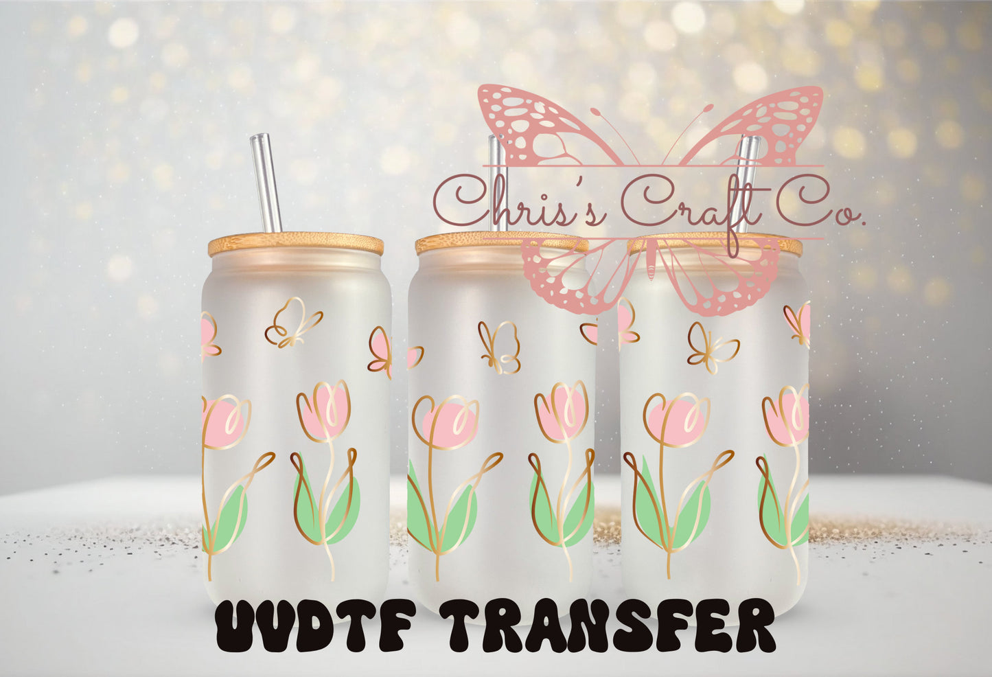 Glass Mug Wrap | Tulip Butterfly Design 16 oz Can Tumbler - Waterproof Adhesive