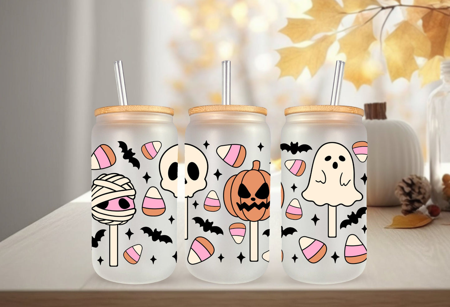 UVDTF Wrap Halloween Sweet Candy 16 oz Can Glass, Mug, Tumbler,Ready to Apply, Permanent Adhesive, Double Sided Print