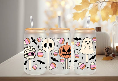 UVDTF Wrap Halloween Sweet Candy 16 oz Can Glass, Mug, Tumbler,Ready to Apply, Permanent Adhesive, Double Sided Print
