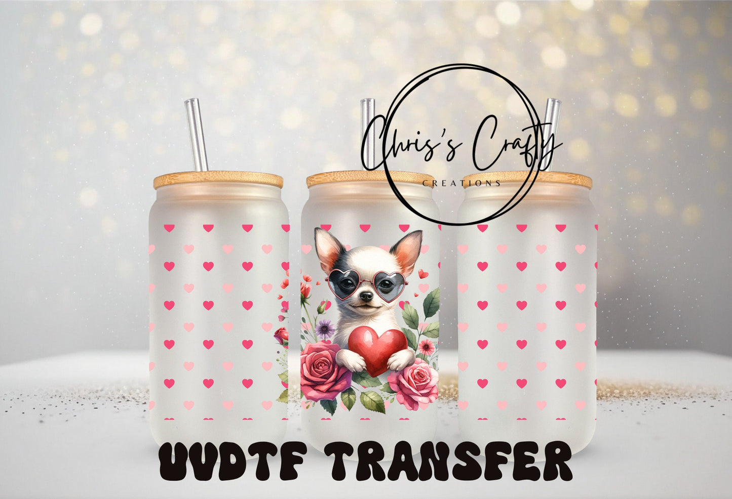 Chihuahua Tumbler Wrap - Waterproof 16oz Glass Mug Decal With Heart Pattern