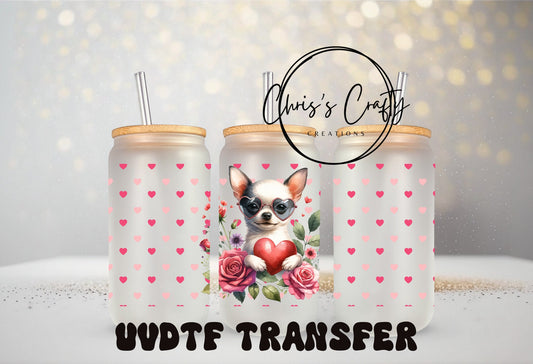 Chihuahua Tumbler Wrap - Waterproof 16oz Glass Mug Decal With Heart Pattern