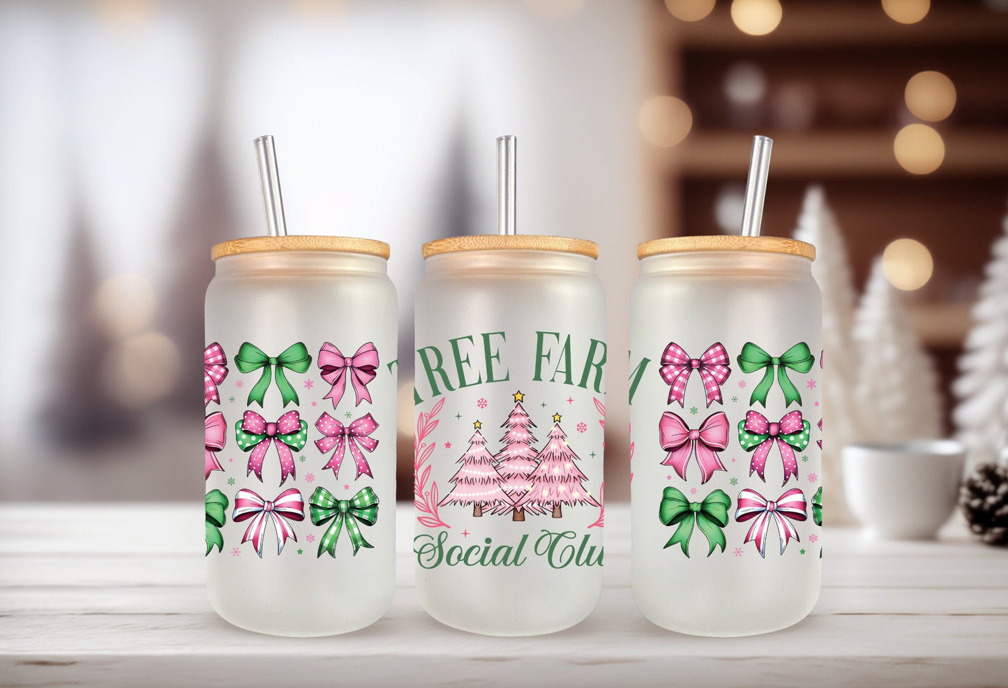Christmas Tree Wrap – UVDTF Transfer Art with Santa Highland Cow & Coquette Bow Design