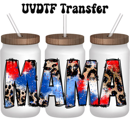 UVDTF Wrap Mama Leopard Red White Blue 16oz Can Glass Mug Tumbler, Ready to Apply, Permanent Waterproof Adhesive, Add on a Can Glass