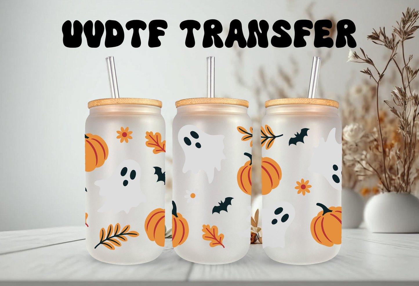 UVDTF Wrap Ghosts Pumpkins Bats 16oz Can Glass Mug Tumbler Wrap, Ready to Apply, Permanent Waterproof Adhesive