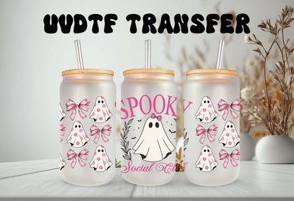 UVDTF Wrap Spooky Ghost Social Club Pink Coquettes Bows 16oz Can Glass, Mug, Tumbler, Ready to Apply, Permanent Waterproof Adhesive