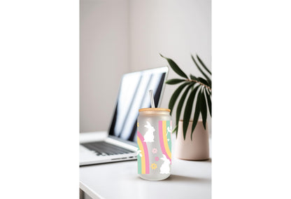 UVDTF Wrap Bunny Rainbow for 20oz Can Glass Mug Tumbler, Easter Wrap Ready to Apply, Permanent Waterproof Adhesive, Double Sided Print Option