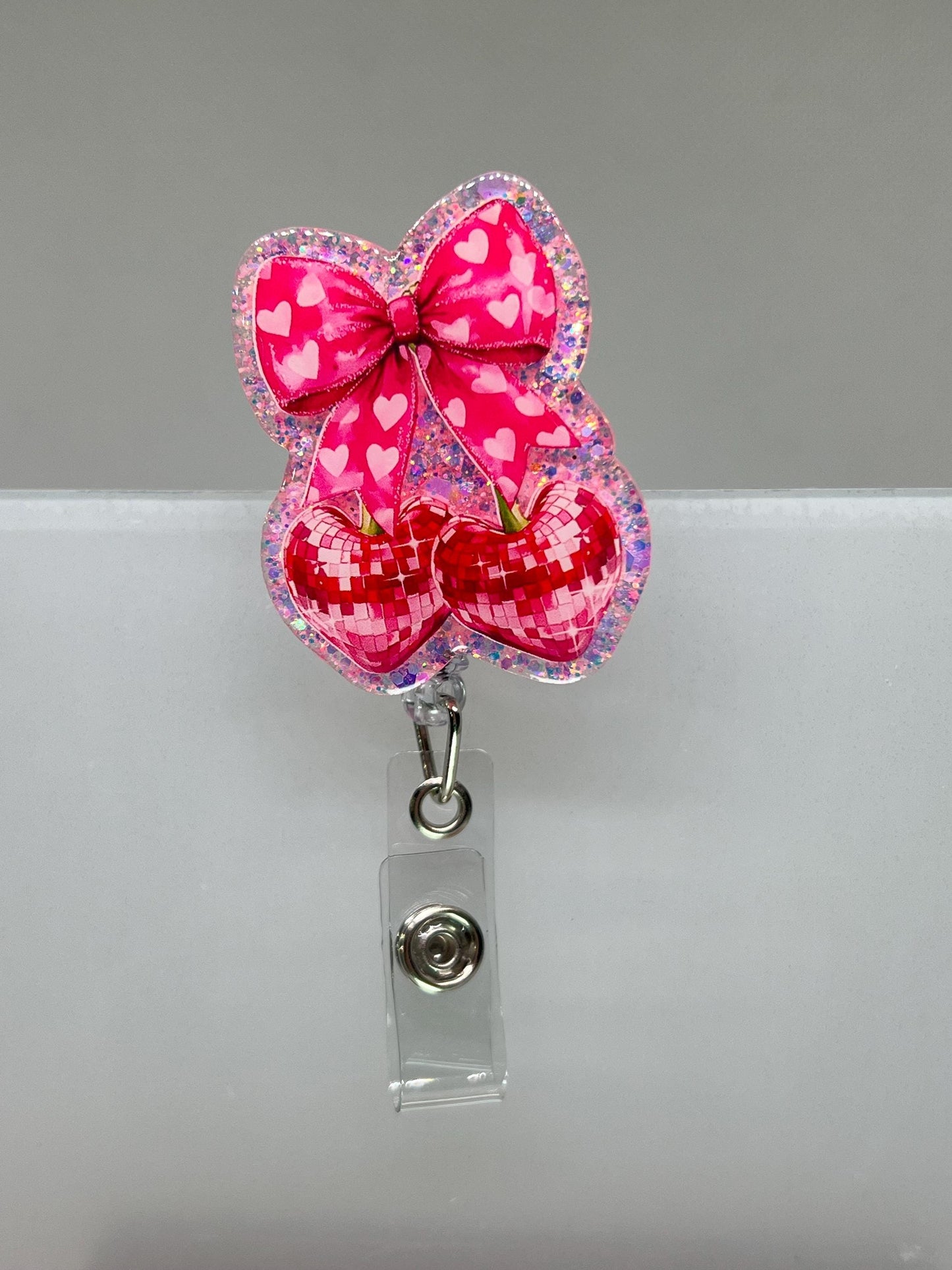 Badge Reel Bow - Disco Cherry Design Retractable ID Badge Holder Gift