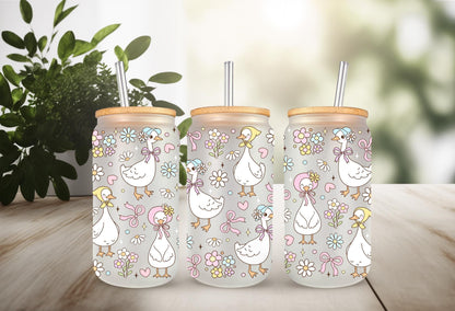 UVDTF Wrap Floral Mama Goose 16oz Can Glass Mug Tumbler Wrap, White Goose, Ready to apply, Permanent Waterproof Adhesive