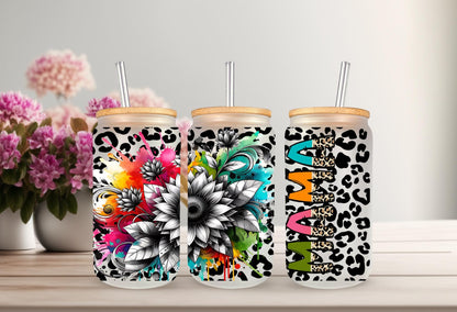 UVDTF Wrap Floral Mama Leopard Print 16oz Can Glass Mug Tumbler, Ready to apply, Permanent Waterproof Adhesive