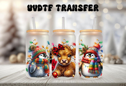 UVDTF Wrap Highland Cow Penguins 16oz Can Glass Mug Tumbler, Christmas Wrap, Ready to Apply, Permanent Waterproof Adhesive, Double Sided Print