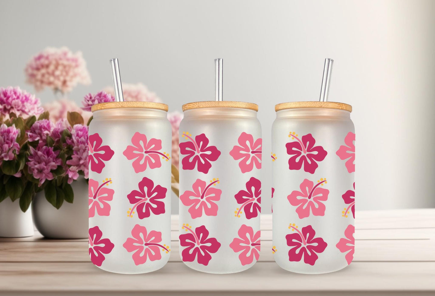 UVDTF Wrap Hibiscus Tropical Flower 16oz Can Glass Mug Tumbler, Tropical wrap, Ready to apply, Permanent Adhesive Waterproof