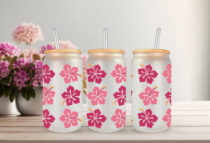 UVDTF Wrap Hibiscus Tropical Flower 16oz Can Glass Mug Tumbler, Tropical wrap, Ready to apply, Permanent Adhesive Waterproof