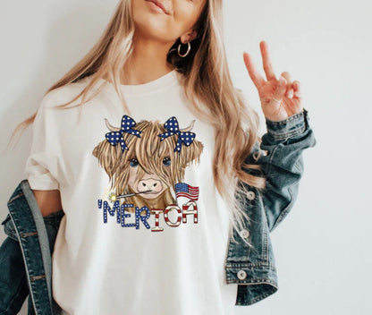 READY to press Transfer Highland Cow America Screen Print Transfer | Full Color Matte Clear Transfer