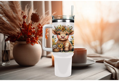 UVDTF Wrap Highland Cow Daisies Yellow for 16oz Can Glass, Mug Tumbler, Ready to apply, Permanent Adhesive, Double sided option