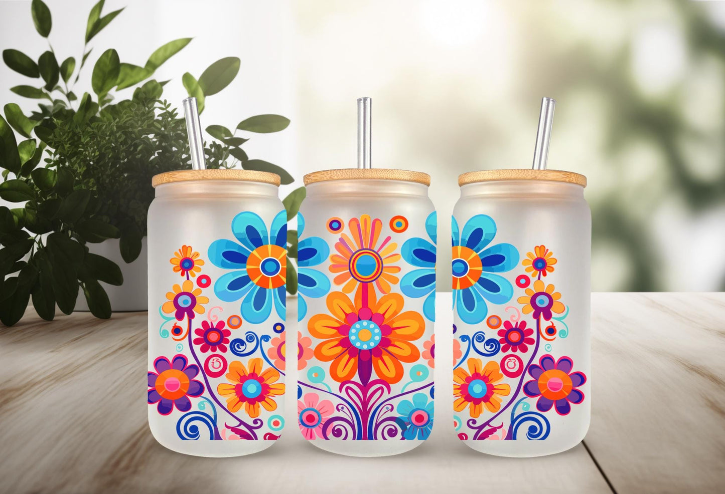 UVDTF Wrap Colorful Retro Flowers 16oz Can Glass Mug Tumbler,  Ready to apply, Permanent Waterproof adhesive
