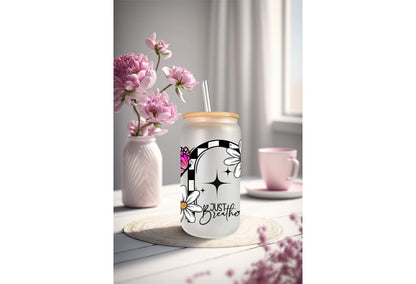 UVDTF Wrap Positive Saying Floral Butterfly 16oz Can Glass Mug Tumbler, Just Breathe Wrap, Ready to Apply, Permanent Waterproof Adhesive