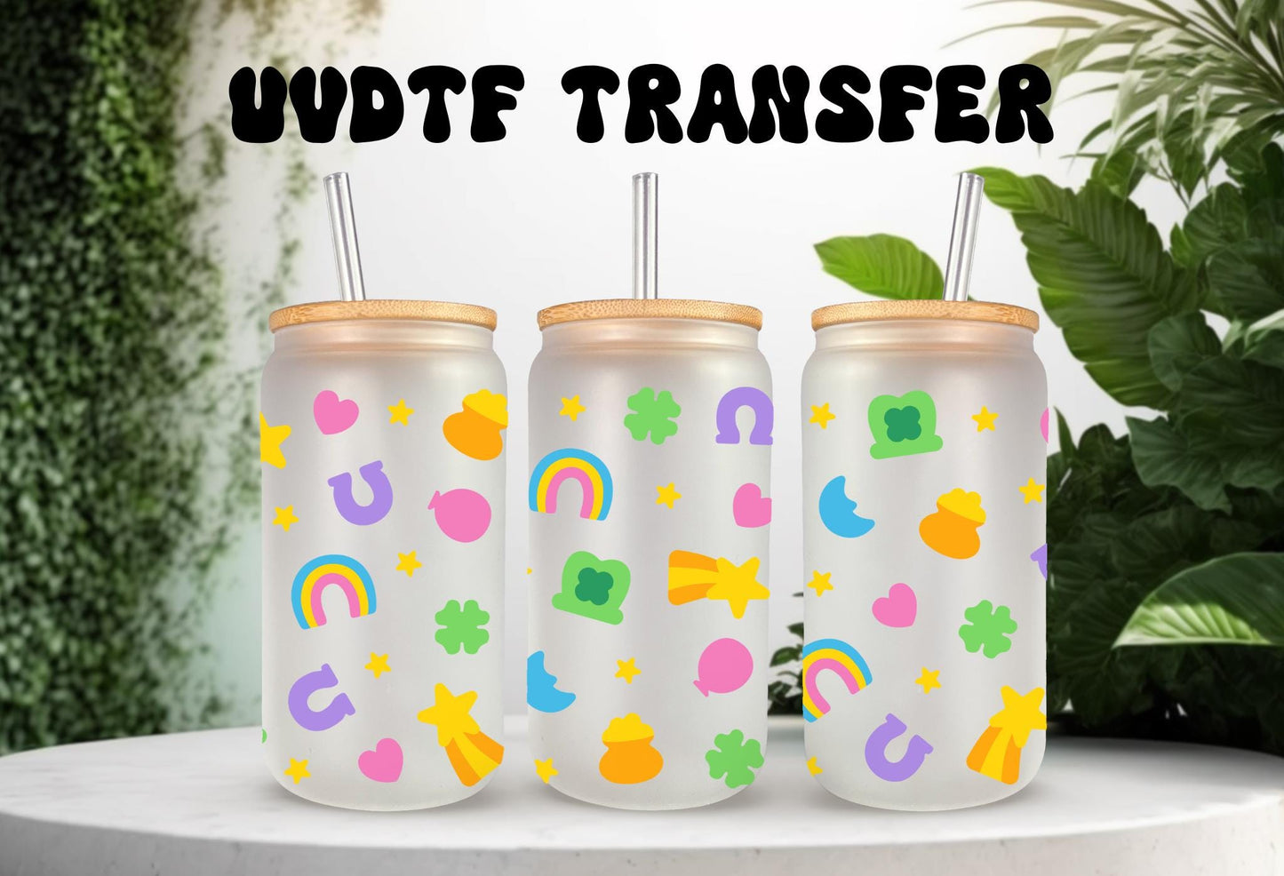 UVDTF Wrap Lucky St. Patrick  Charms 16oz Can Glass Mug Tumbler, Ready to apply. Permanent Waterproof Adhesive