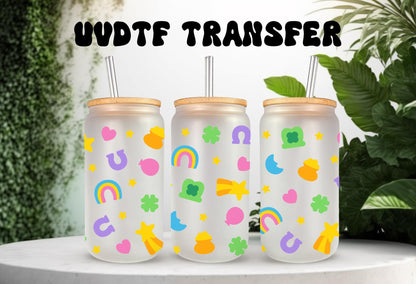 UVDTF Wrap Lucky St. Patrick  Charms 16oz Can Glass Mug Tumbler, Ready to apply. Permanent Waterproof Adhesive