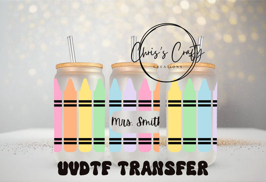 UVDTF WRAP Teacher Pastel Crayons Add Name 16oz Can Glass Mug Tumbler, Teacher Wrap, Ready to apply, Permanent Waterproof Adhesive